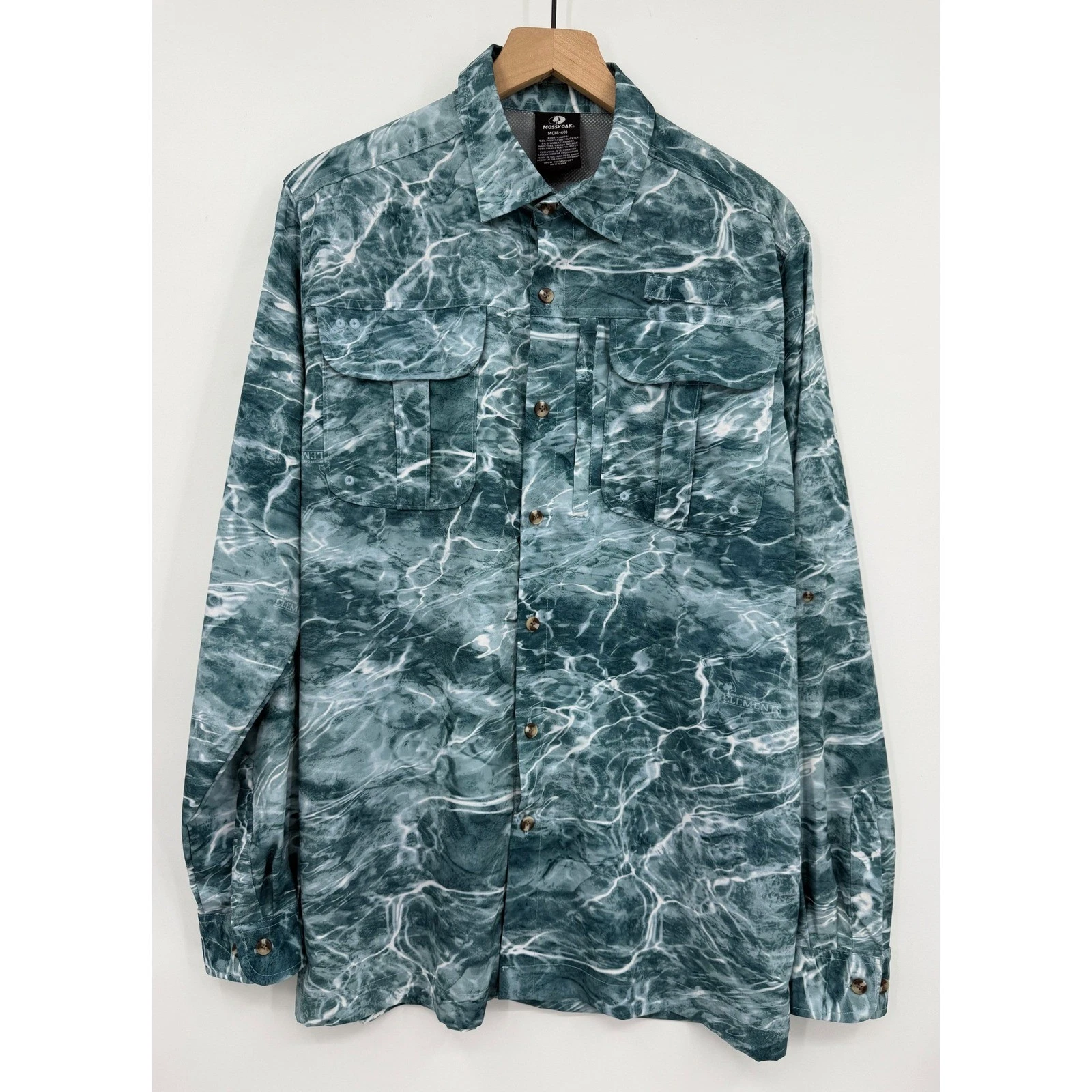 Mossy Oak Fishing Shirt Mens Medium Blue Water Pattern Long Sleeve Vented
