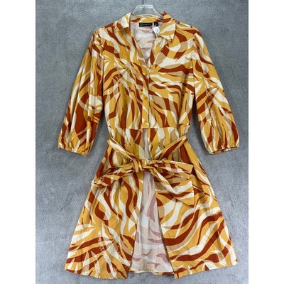 NY&C Shirt Dress Women XL Yellow Abstract Zebra Print Belted Button Front 2817