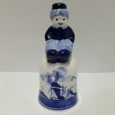 Delft Blue Hand Painted Dutch Boy and Windmill Dinner Bell w/ Clapper Mint!
