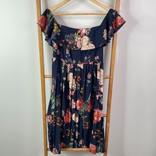 Prettylittlething Dress Womens 12 Navy Blue Floral Bardot Off Shoulder Midi NWT