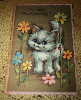 Hi There! How Are You Feeling? Greeting Get Well Soon Card Vintage Cat Flowers 
