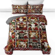 Custom Highland Cow Quilt Bedding Set, Christmas Plaid Quilt Bedding Pillowcase
