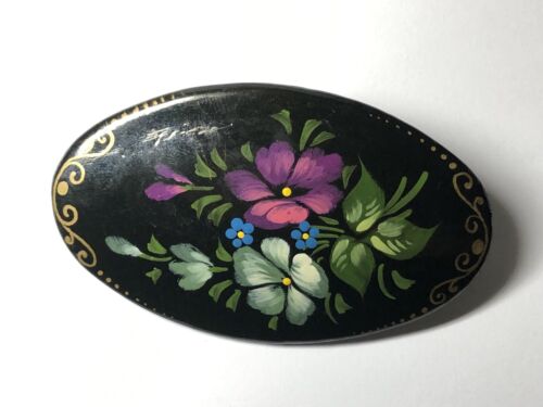 Vintage Black Lacquer Hand Painted Floral Brooch Pin Signed M.T