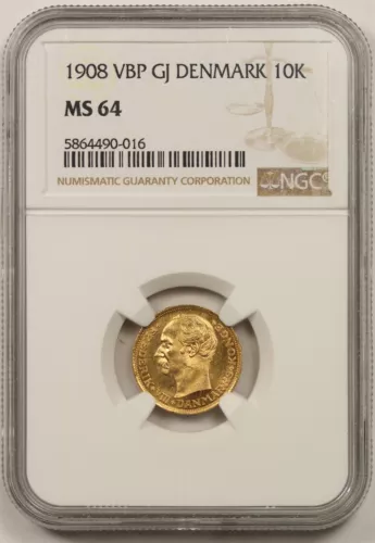 1908 VBP GJ Denmark 10K NGC MS 64 Gold 10 Kroner
