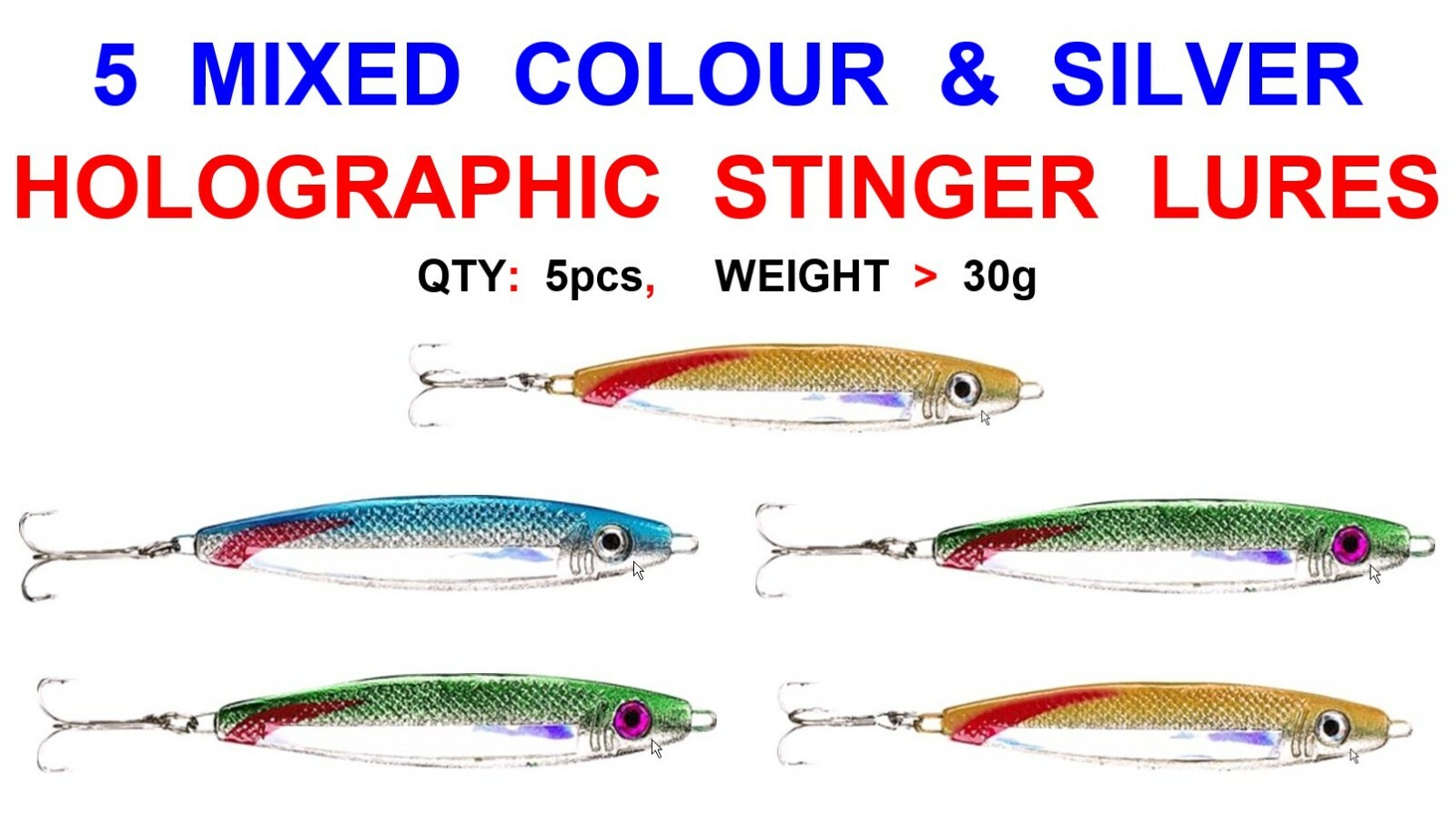 5 MIXED STINGER LURES 30g GAME COARSE SEA FISHING SPINNER PIKE BASS MACKEREL JIG