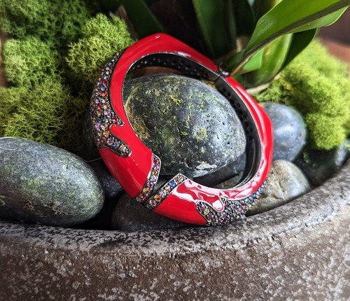 Rina Limor Red Enamel Bracelet 925 Sterling Silver Clamper Bangle Cuff Signed - Picture 7 of 7