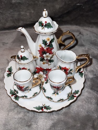 Formalities by Baum Bros RARE Poinsettia Miniature Tea Set Christmas China Red - Picture 2 of 21