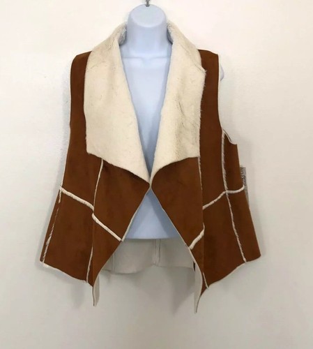 Lulu B Y2K Cardigan Vest Faux Suede Shearling Brown Cream Multi Small S Boho NWT - Picture 5 of 12