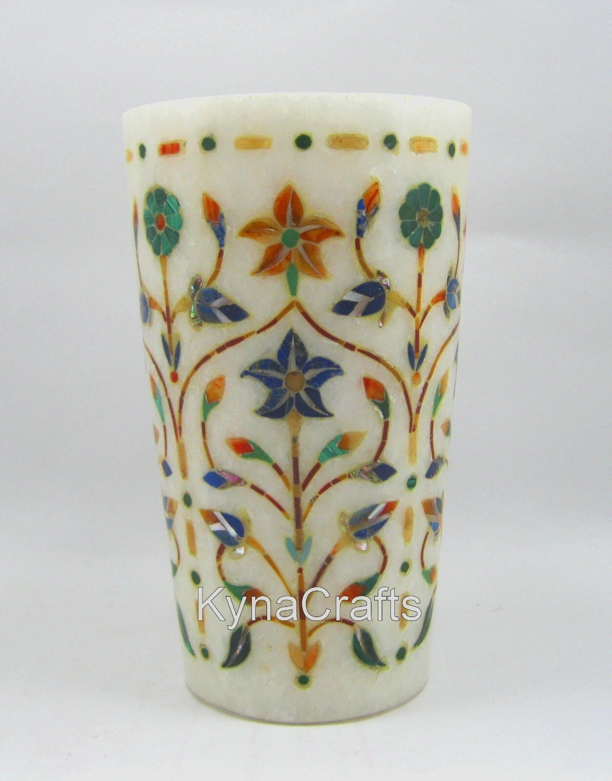 5 Inches White Marble Flower Vase Semi Precious Stone Inlay Work Decorative Pot