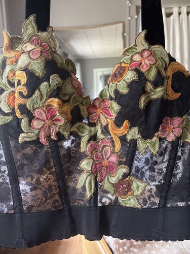 Vintage Carnival Corset Halter Bustier With Embroidered Flowers Lace 34C - Picture 6 of 10