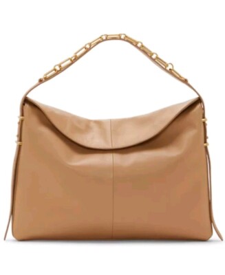 Vince Camuto Letta Leather Hobo Bag Beige Snap Front Gold Details New
