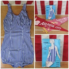 Vintage 1960s Ocean Mermaid Striped Swimsuit NOS Size 34 w/Pair Beach Pennants