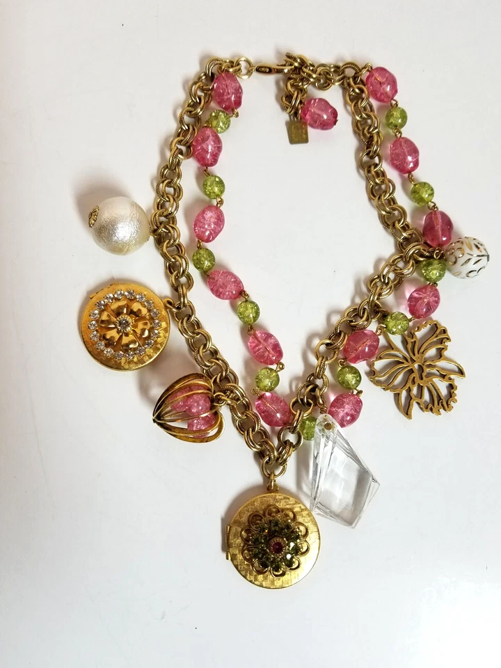 JOHN WIND Collar de medallón de encanto romántico de arte máximo Cuentas rosas y verdes gruesas