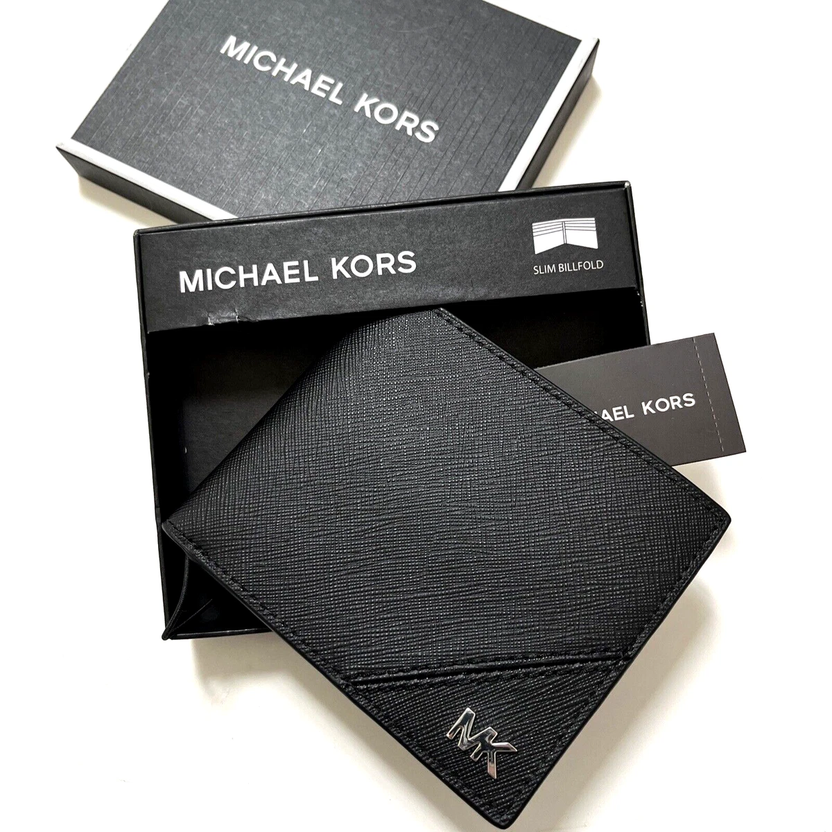 NWT $100 MICHAEL KORS Slim Billfold Wallet Metal Logo 86S4SMNF5B 
