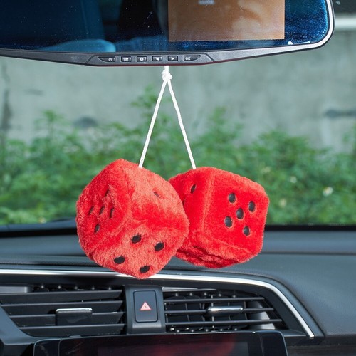Pair Of 3" Hot Stamped Polka Dot Fuzzy Plush Dice – Car Rearview Mirror Hanging Decor, White, Easy Install - View #13