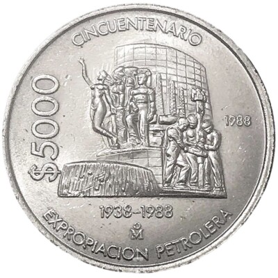 Mexico 1988 5000 Pesos Expropiacion Petrolera Large Copper Nickel