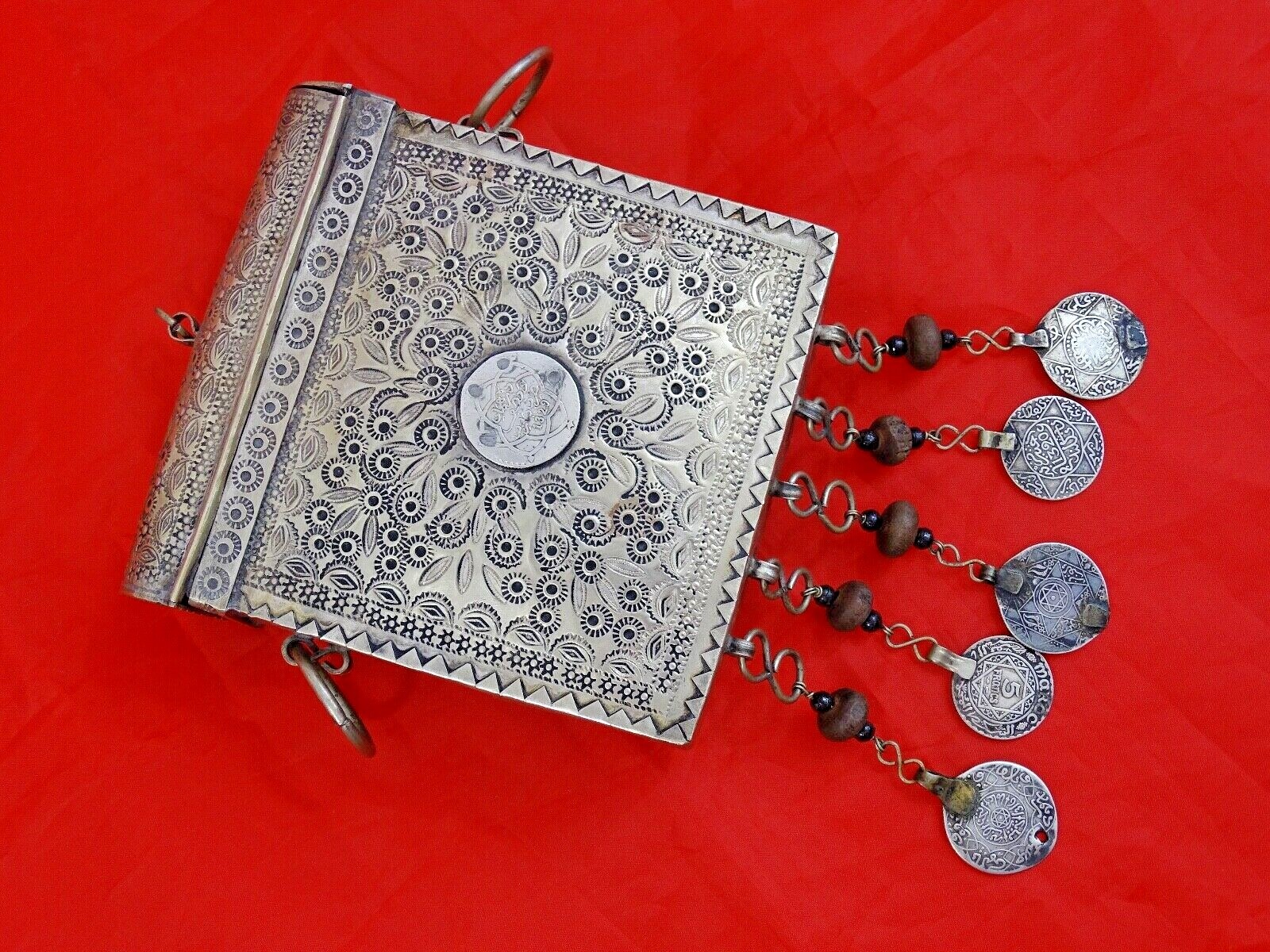 RARE ANTIQUE SILVER CARTRIDGE CASE BOX ISLAMIC MAGHREB MOROCCO coins