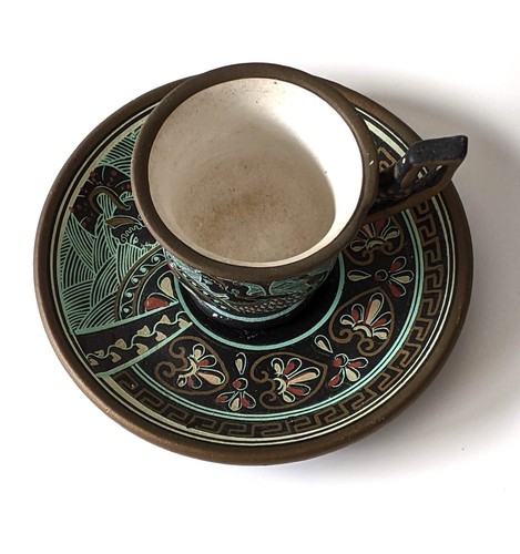 Greek Art Teacup & Saucer Hand Painted Pottery Athens Greece Museum Replica - Picture 6 of 13