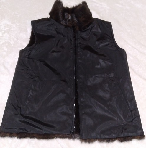 Giacca Womens Sleeveless Black Brown Faux Fur Reversible Full Zip Vest L - Picture 6 of 9