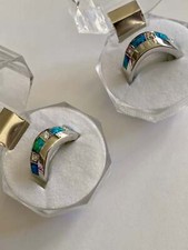 lab created opal, cz inlay sterling silver band womens ring