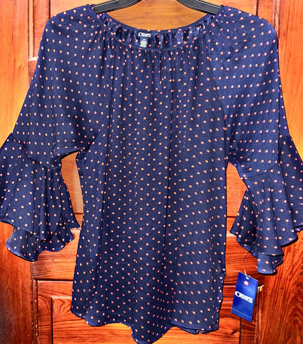 Blusa Camisa Top Chaps GRANDE NUEVA CON ETIQUETAS Azul Marino Mangas Acampanadas Lunares F41