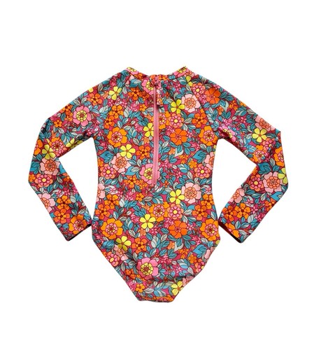 CAT & JACK Swimsuit Girls XS 4/5 Multicolor One Piece Long Sleeve Floral Retro - Picture 3 of 12