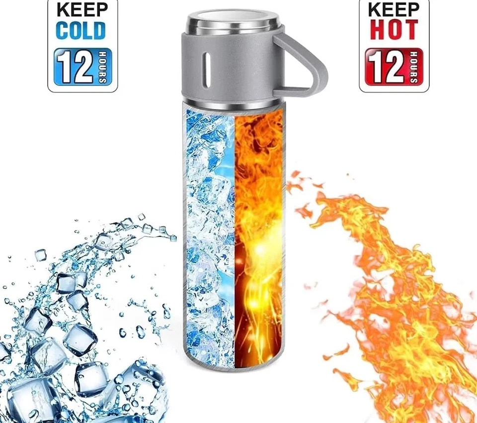 Thermos 500ml Acciaio Inox, Set Bottiglia Isolante Incl. 3 Tazze - Immagine 4 di 4