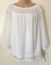 NWT AB Studio Women's L Peasant Poet Blouse White Long Sleeve Lace Sheer Lined