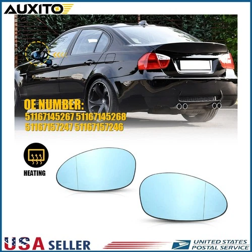 Pair Blue Heated Side Door Wing Mirror Glass For BMW E82 E88 E90 E91 E92 E46 Z4
