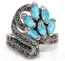 4CT Natural Blue Topaz  Swiss Marcasite 925 Sterling Silver Ring Sz 7,8 ZB6
