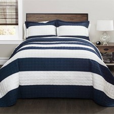 Full/Queen Navy White Stripe 3 Piece Cotton Lightweight Quilt Set