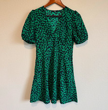 UNIQLO Black & Green Abstract Dot V-Neck Puff Sleeve Mini Dress XS