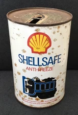 A VINTAGE 1 LITRE SHELL SAFE ANTI-FREEZE CAN OIL PETROL  ADVERTISING MAN CAVE