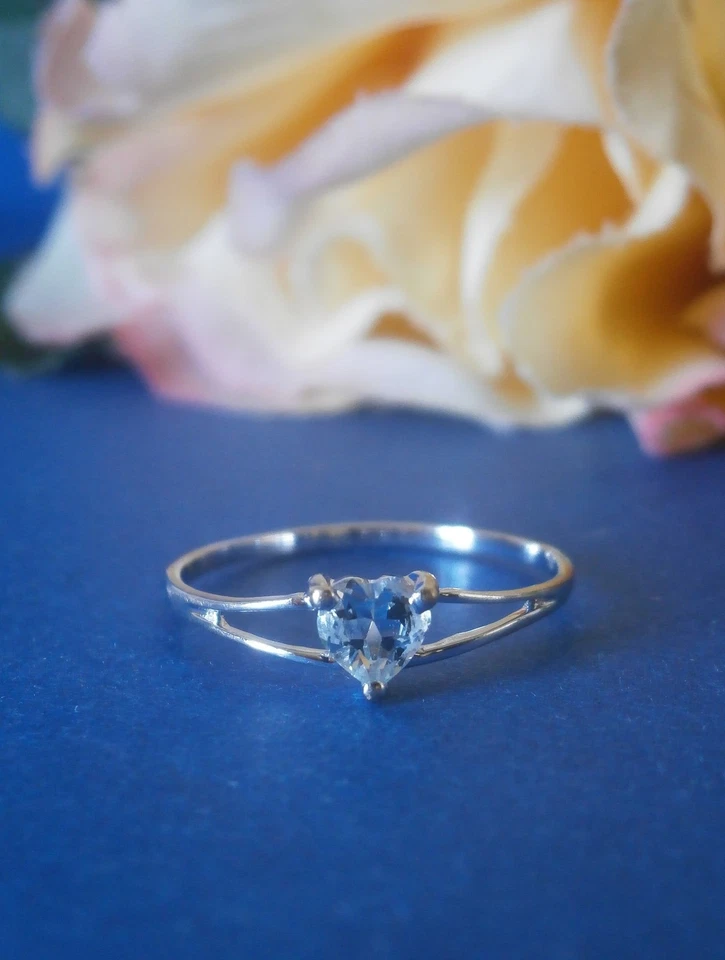 BAGUE OR BLANC 18 CARATS AIGUE MARINE 58 18 SOLITAIRE 750 CŒUR BLEU PROMESSE MAB - Photo 4/4