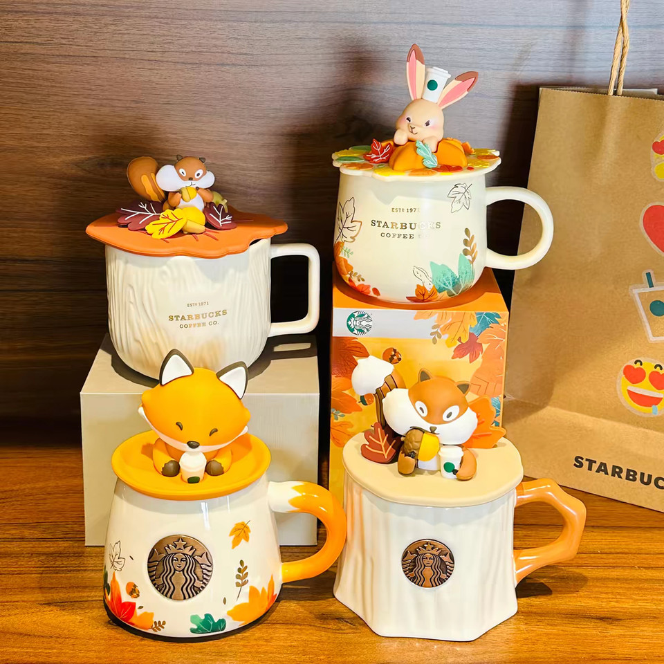 Taza de cerámica Starbucks otoño bosque animal, ardilla conejo zorro, taza coleccionable