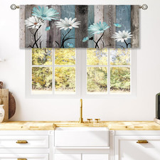 Teal Farmhouse Daisy Curtain Valance for Window Treatments Wooden Flower Rod Poc