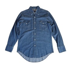 Wrangler VTG Denim Shirt Mens 15.5 33 X-Long Tails Cowboy Western Pearl Snap USA