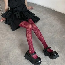 Women Floral Fishnet Tights Lace Pattern Burgundy Stretch Pantyhose Hosiery UK