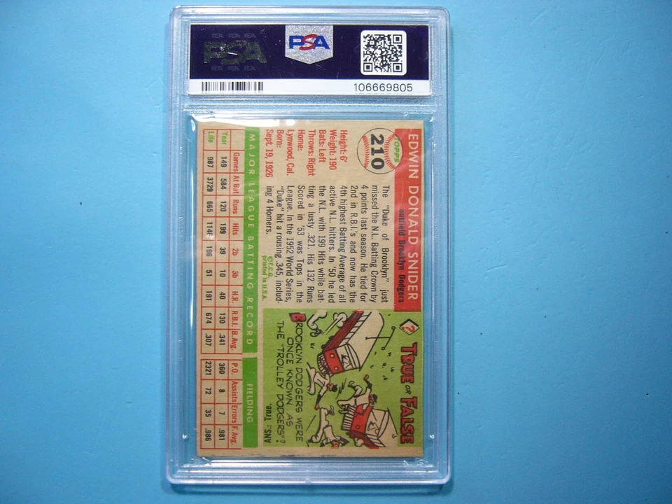 Tarjeta de béisbol 1955 Topps #210 Duke Snider PSA A TR ¡¡Nígida y bonita!! '55 TOPPS GL Foto 2 de 4