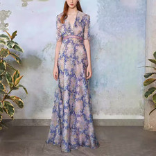 French Elegant Purple Dress Sexy Hollow Out V-neck Floral Slim Fit Printed Dress