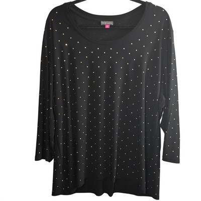Vince Camuto Studded Tunic Top Plus Size 3X XXX Black Gold 3/4 Sleeve Scoop Neck