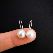 Genuine 8mm White Freshwater Pearl 925 Sterling Silver Hook Dangle Earrings Gift