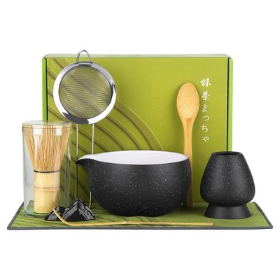 ChefBee 8PCS Matcha Whisk Set - Ceramic Tea Bowl Kit Black 