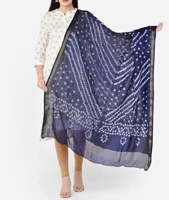 Womens Navy Blue & White Printed Bandhini Silk Dupatta