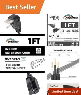 Indoor 16/3 Flat Plug Extension Cord 1 Foot Black Safe Power Solution