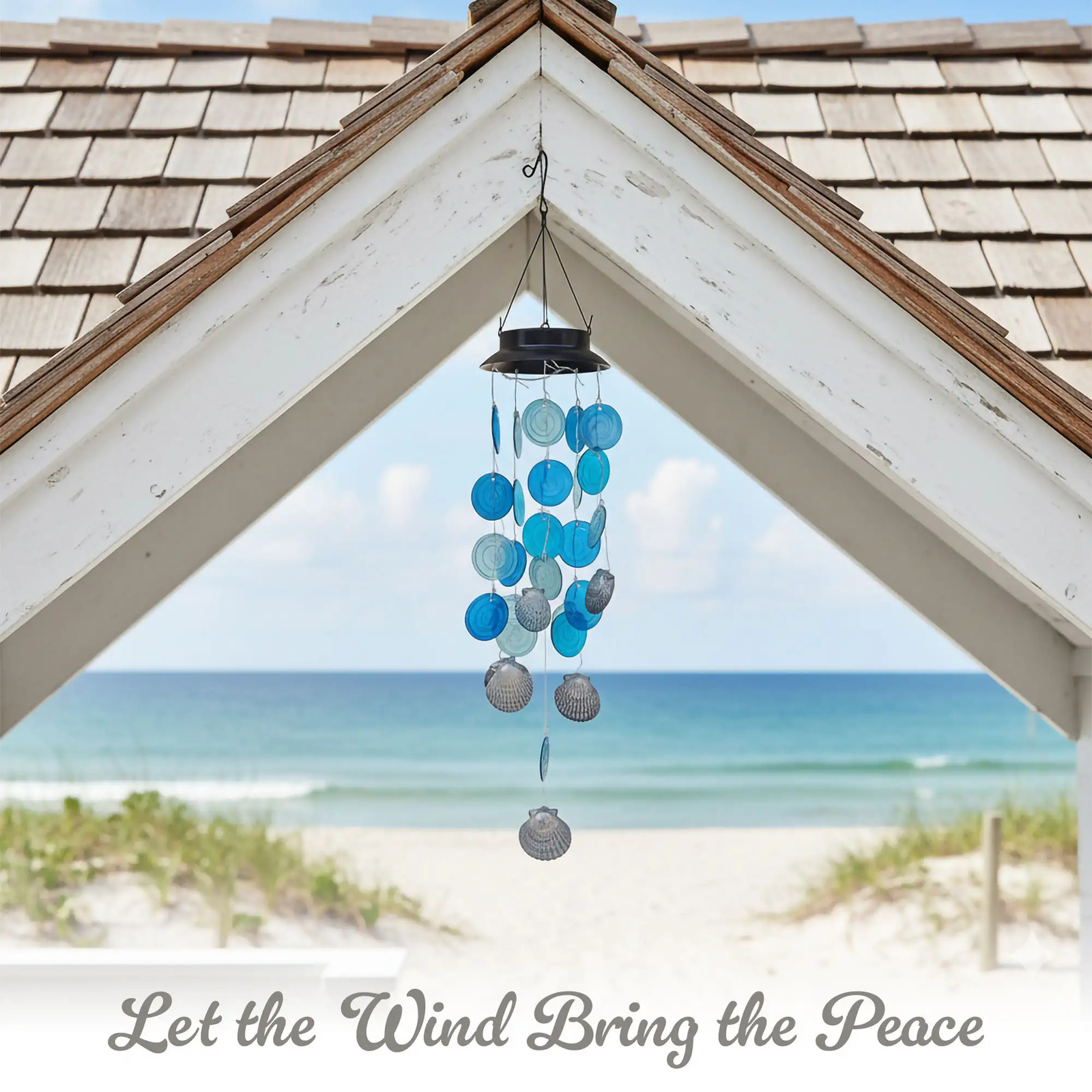 G128 Solar Wind Chime Sea Shell with Lights, Coastal Ocean Theme Windchimes