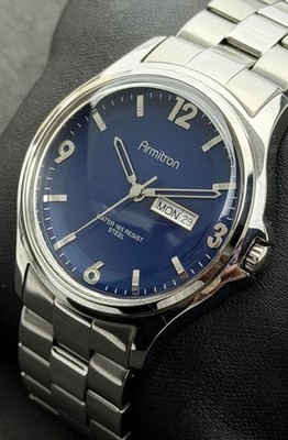 Vtg New 1990s ARMITRON Day Date Mens 44mm Quartz Watch Steel Case Bracelet Blue