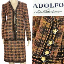 1980s Vintage ADOLFO Skirt Suit Jacket Set Wool Blend Knit Boucle Tweed Saks 6