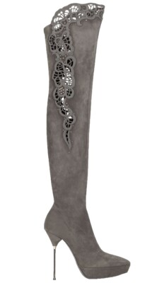 LORIBLU Italy Over The Knee Suede Leather Gray Boots Laser Cut Outs 38 7.5