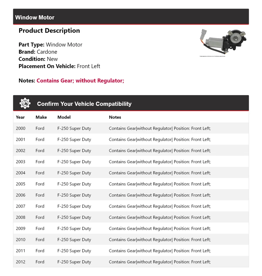 Motor de ventana delantero izquierdo cardone 2001 2002 para Ford F-250 Super Duty 2000-2012 Foto 2 de 4